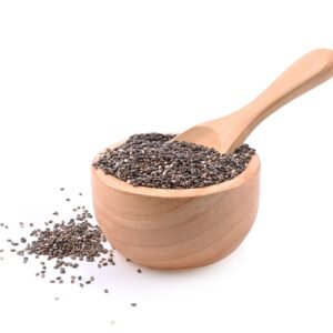 Home chia seeds in wooden bowl isolated on white background