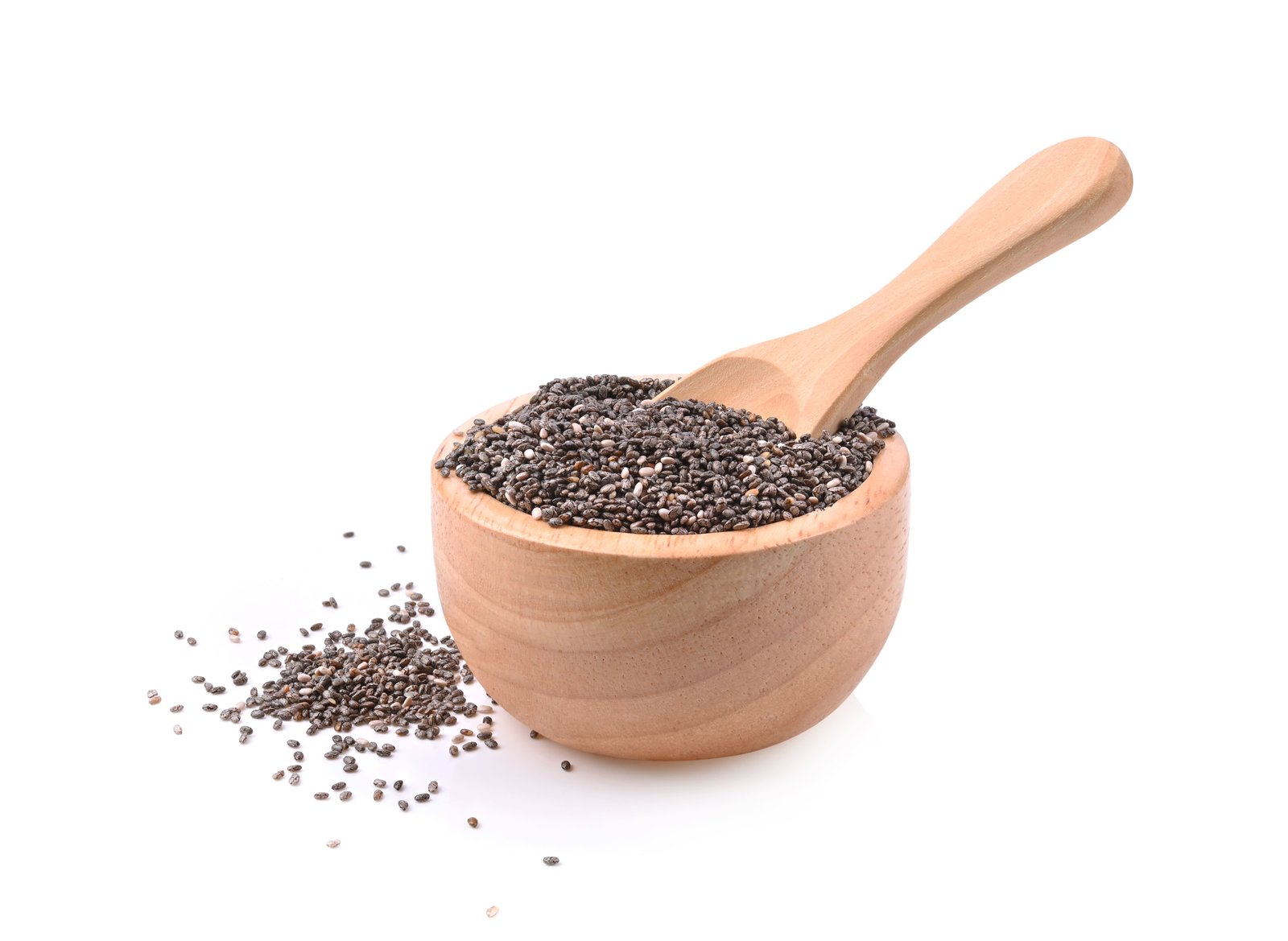 Home chia seeds in wooden bowl isolated on white background